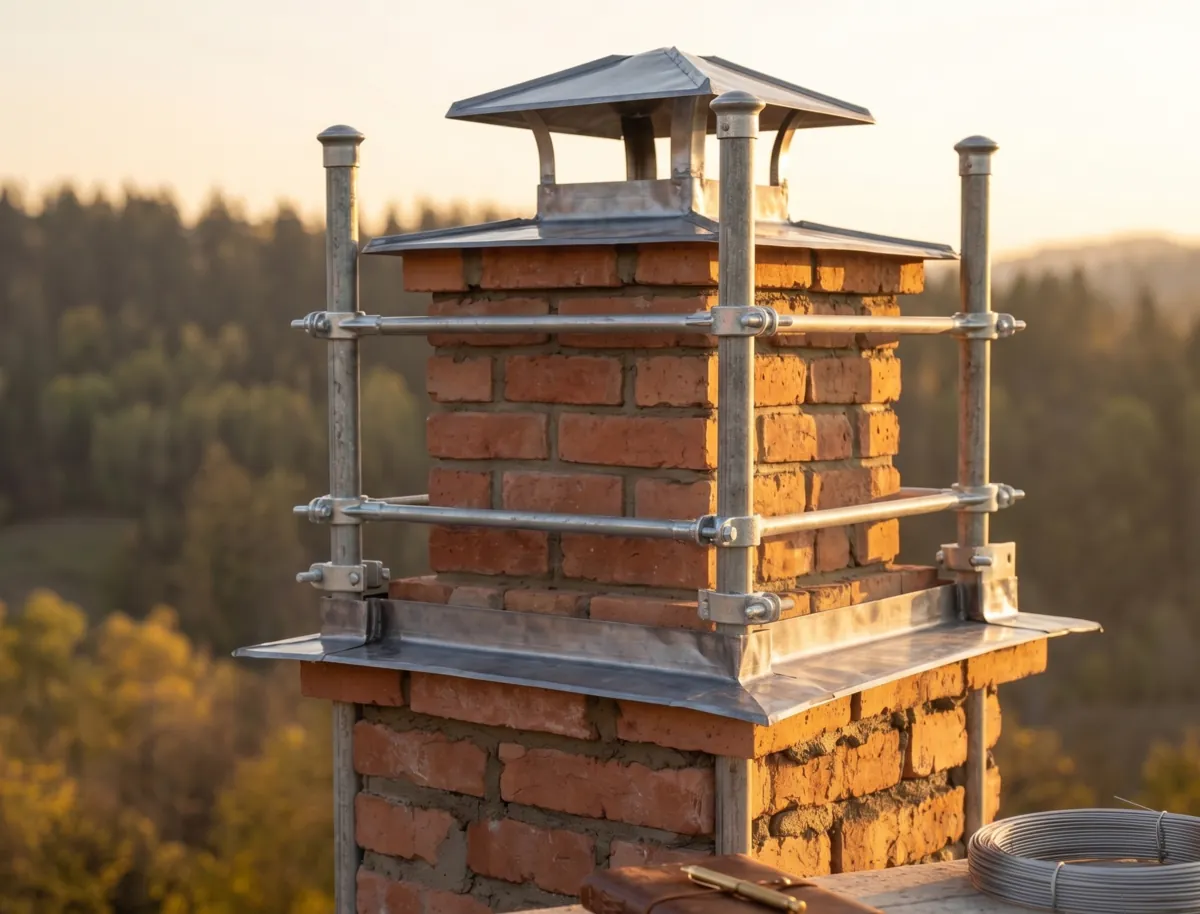 A brick chimney in Los Angeles featuring professional structural bracing and new custom metal flashing for leak prevention and stability.
