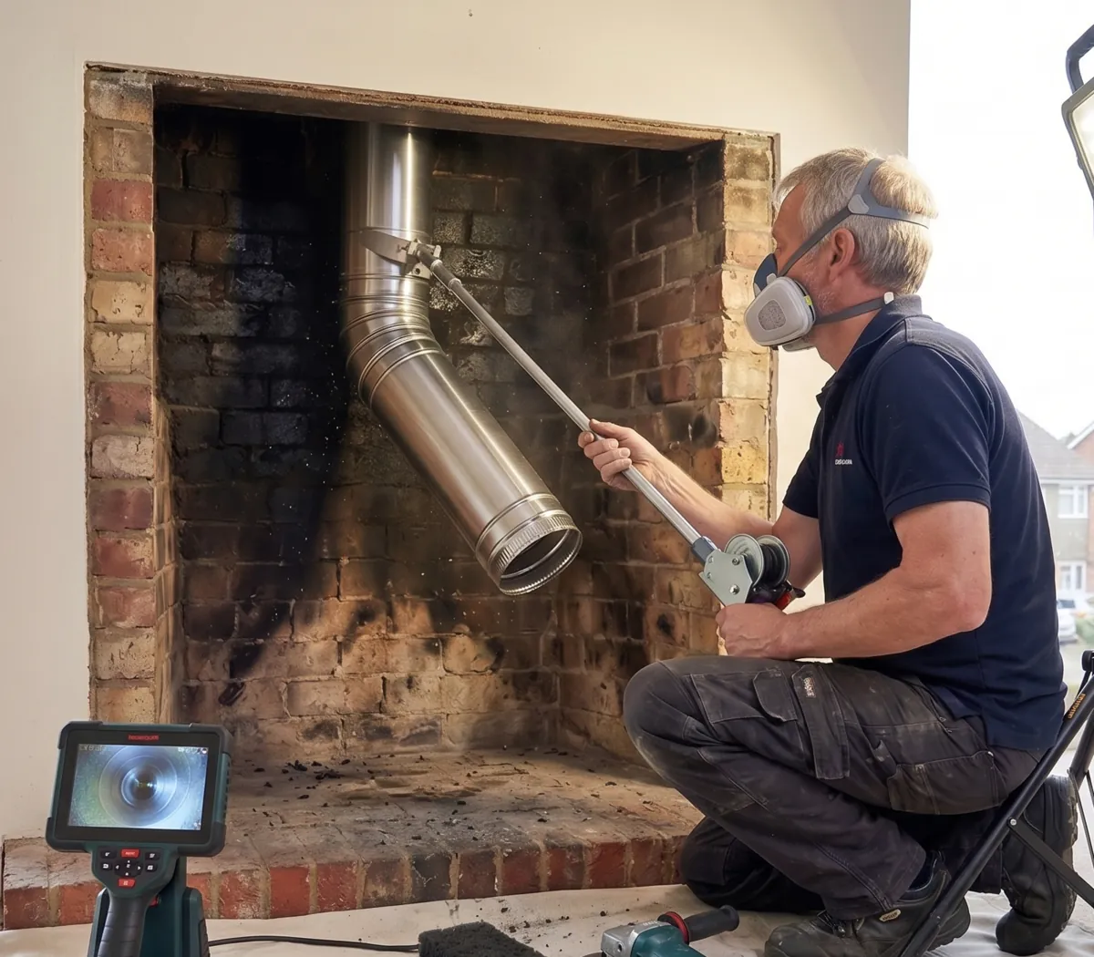 A professional technician using a video inspection camera and protective respirator to evaluate a brick fireplace and stainless steel flue for masonry repair in Los Angeles.
