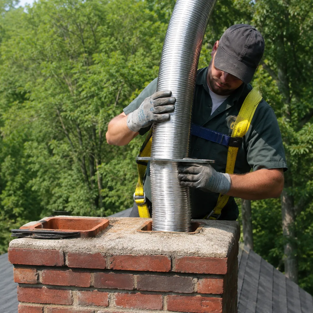 A professional technician wearing a safety harness installing a flexible stainless steel chimney liner into a masonry flue in Los Angeles.