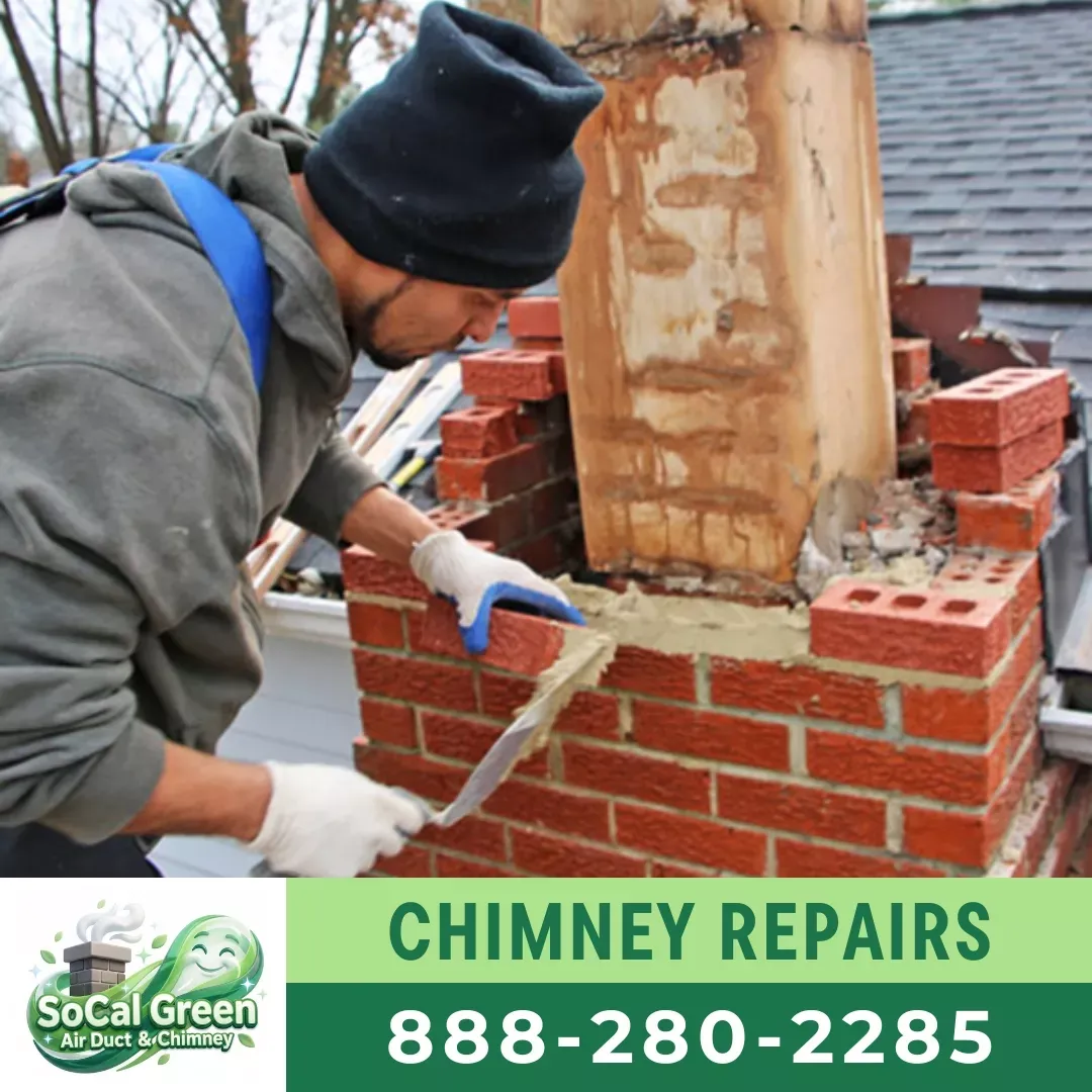 Mason performing tuckpointing on a brick chimney