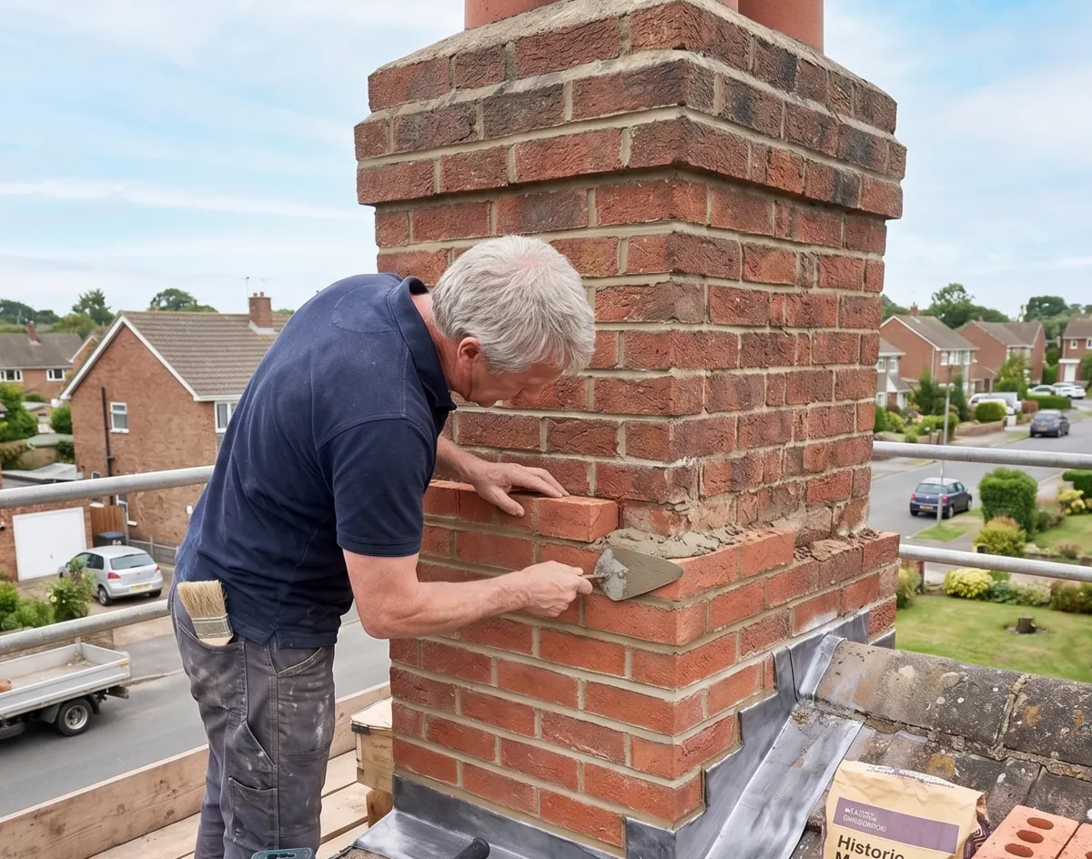 A skilled masonry specialist carefully replacing damaged bricks and applying fresh mortar to a residential chimney in Los Angeles.