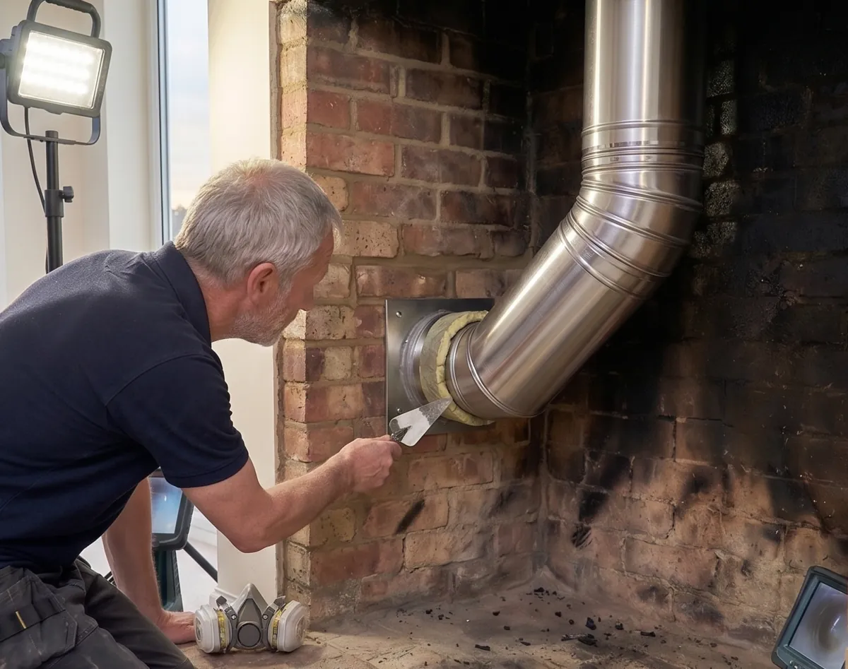 A masonry professional in Los Angeles applying specialized sealant to a stainless steel flue connection inside a brick fireplace.