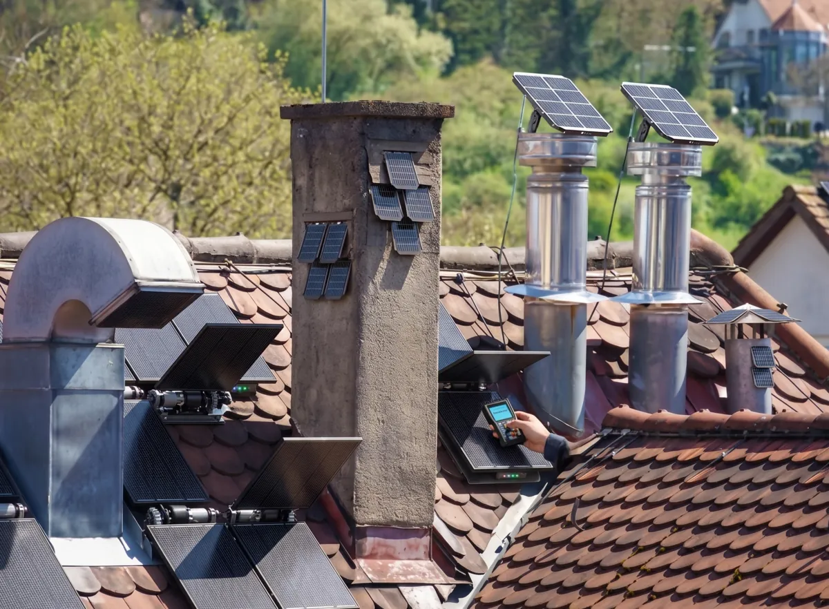 A residential rooftop in Los Angeles featuring a masonry chimney alongside modern stainless steel vents and a curved exhaust flue.