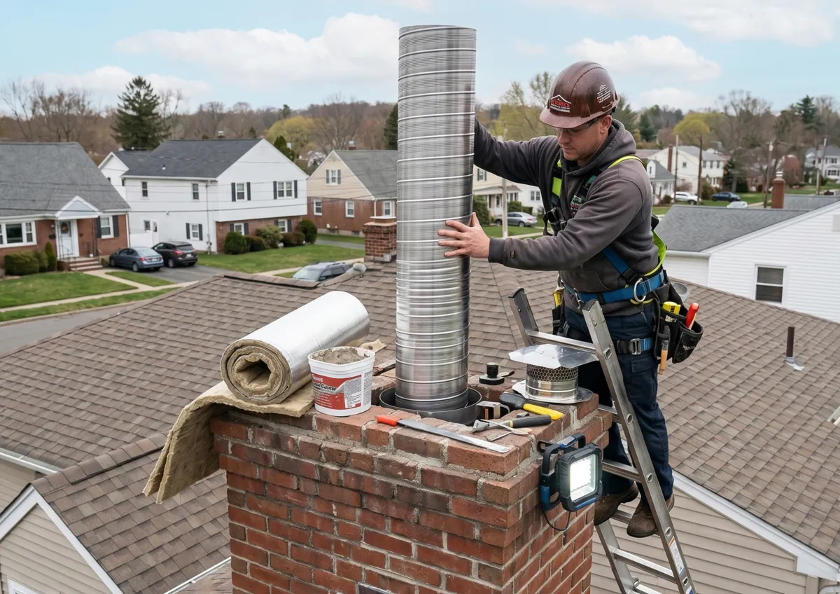 A professional chimney technician installing a stainless steel liner with thermal insulation on a brick chimney in Los Angeles.