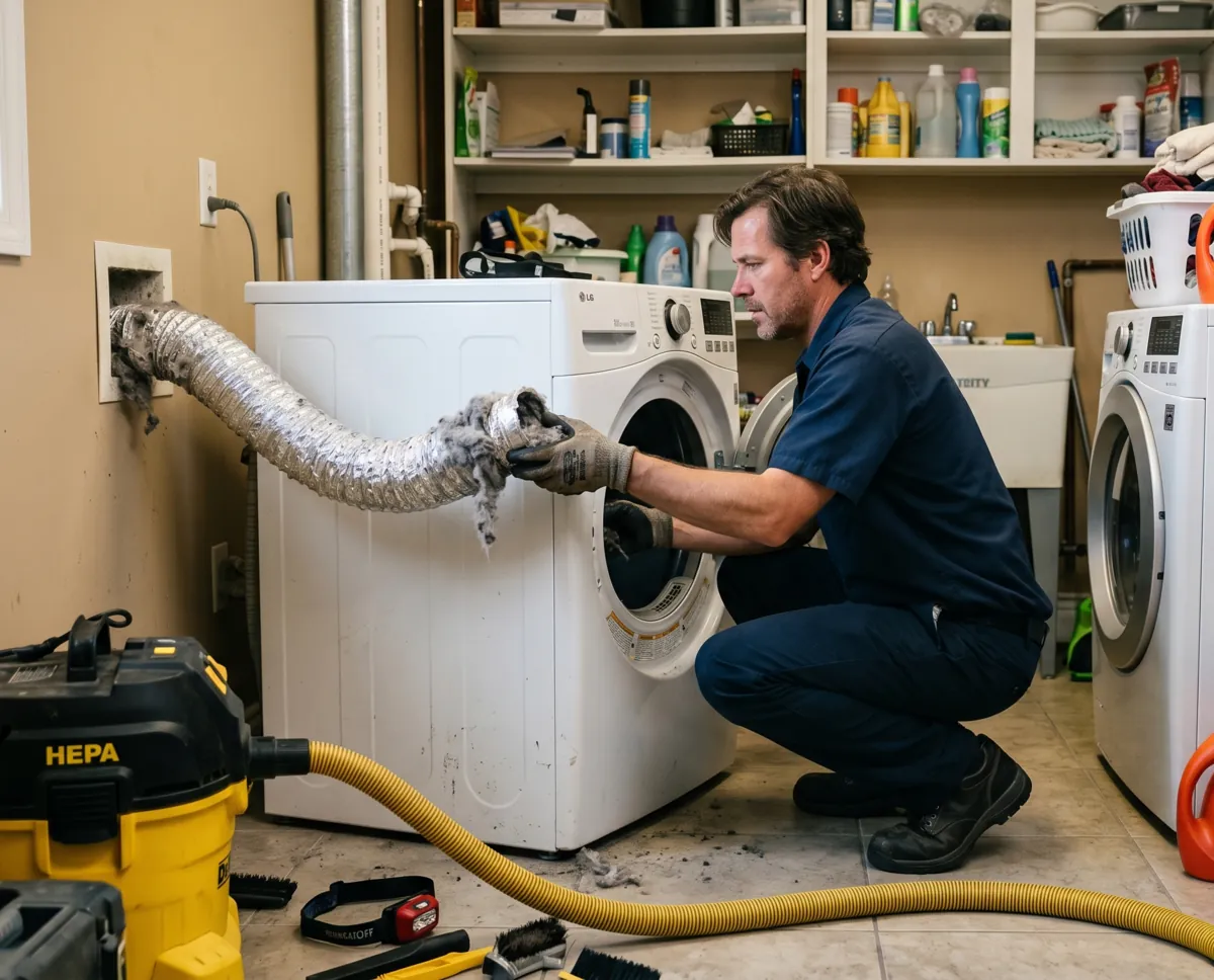 A professional technician replacing a damaged and lint-clogged flexible dryer vent hose in a Los Angeles home laundry room.