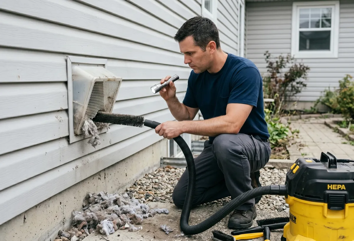 A technician using a flashlight and professional brush to clear a lint-clogged exterior dryer vent cover at a Los Angeles home.