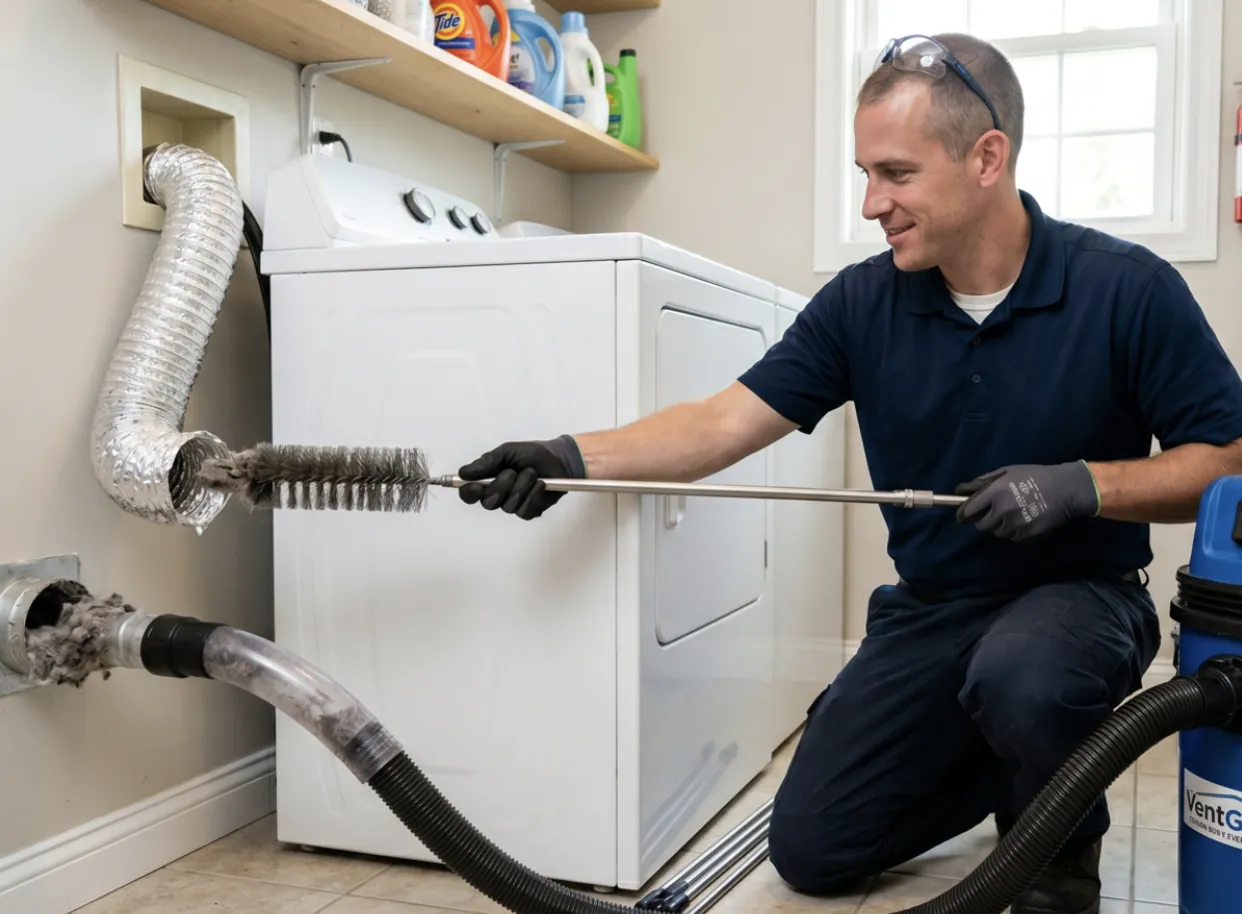 A professional technician using a specialized brush and vacuum system to clear a severe dryer vent blockage in a Los Angeles home laundry room.