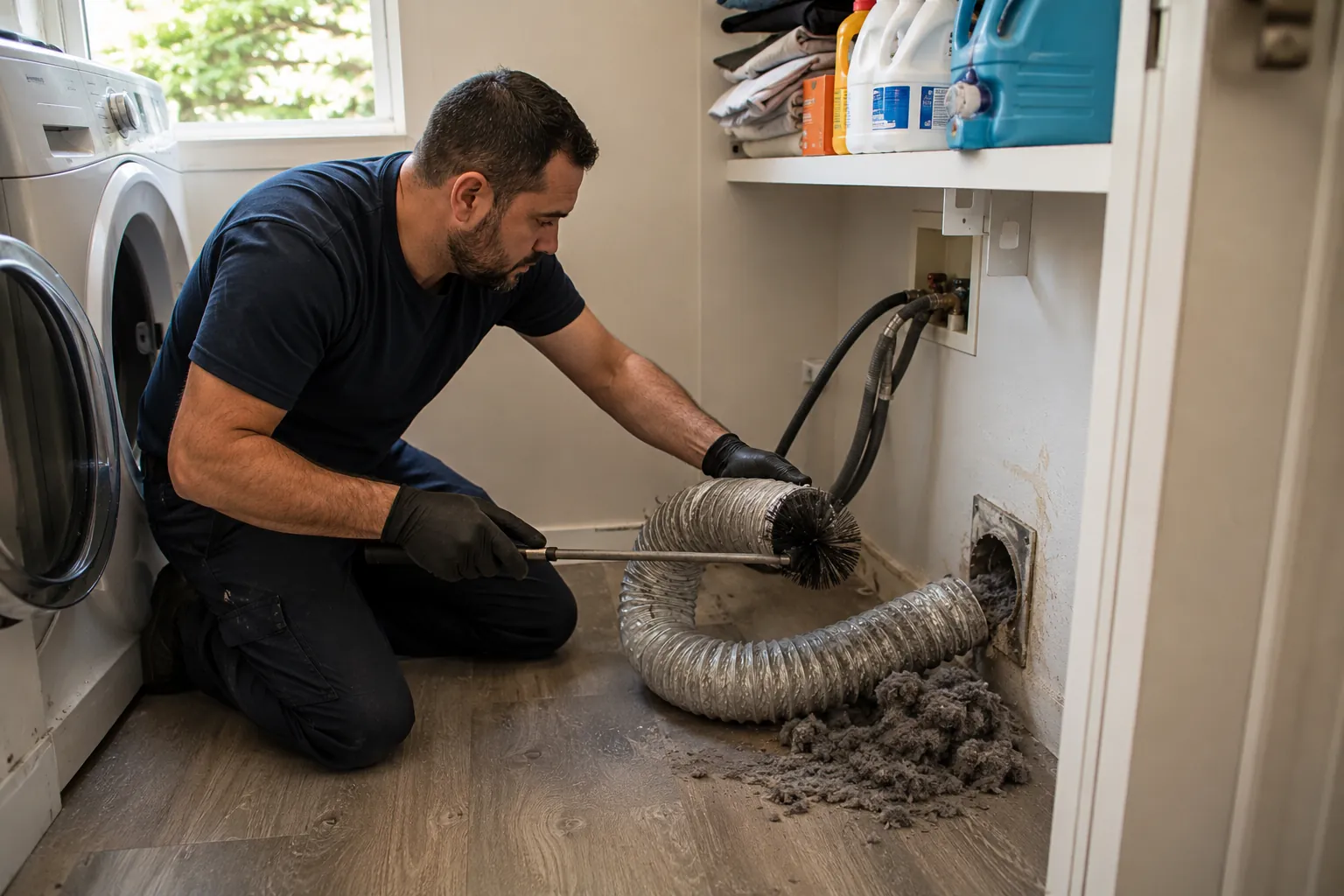 A specialized technician using a rotary brush to clear heavy lint buildup from a dryer vent hose and wall connection in a Los Angeles home.