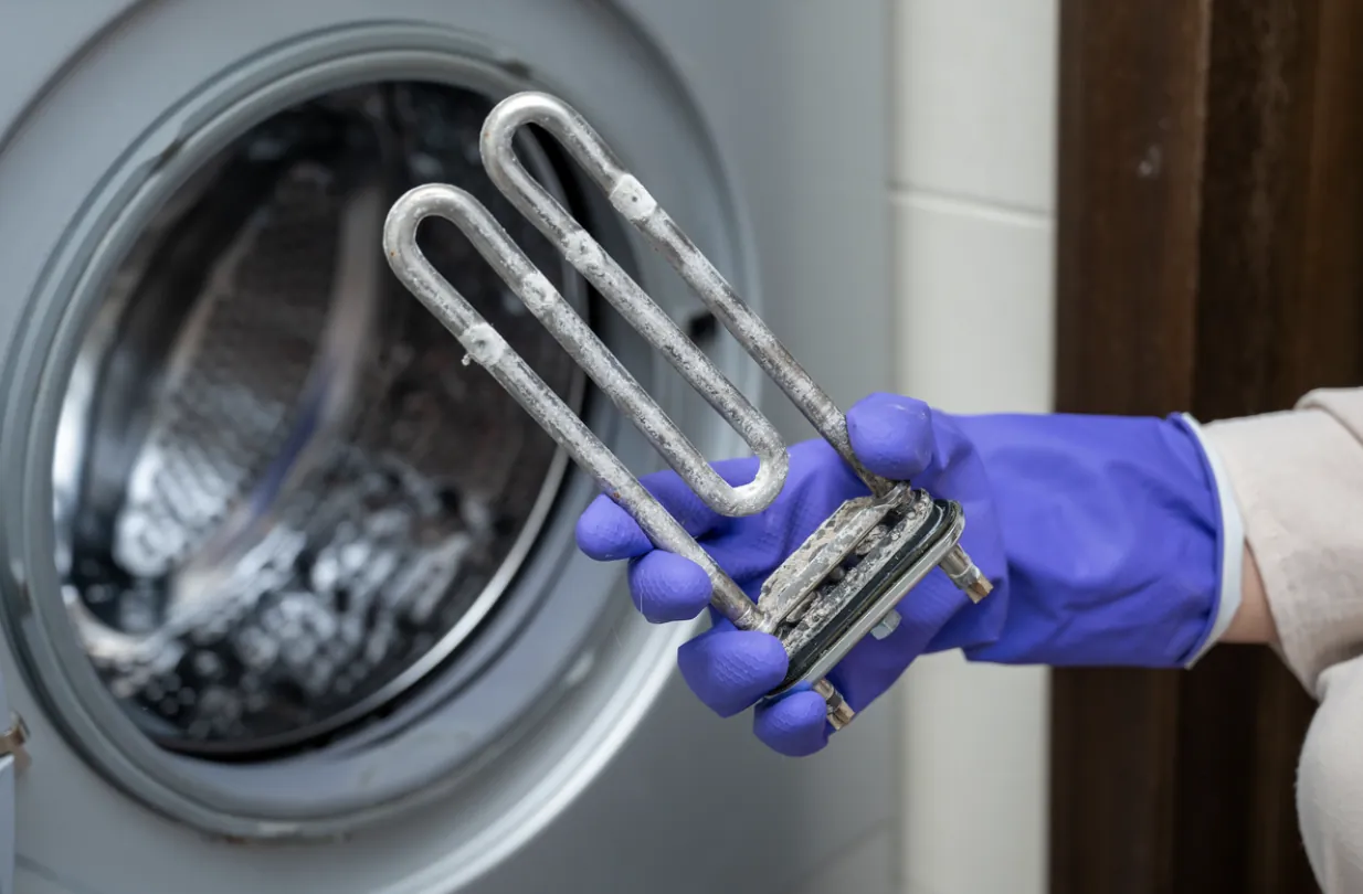 A technician holding a washing machine heating element with mineral buildup to demonstrate the need for professional appliance maintenance in the San Fernando Valley.