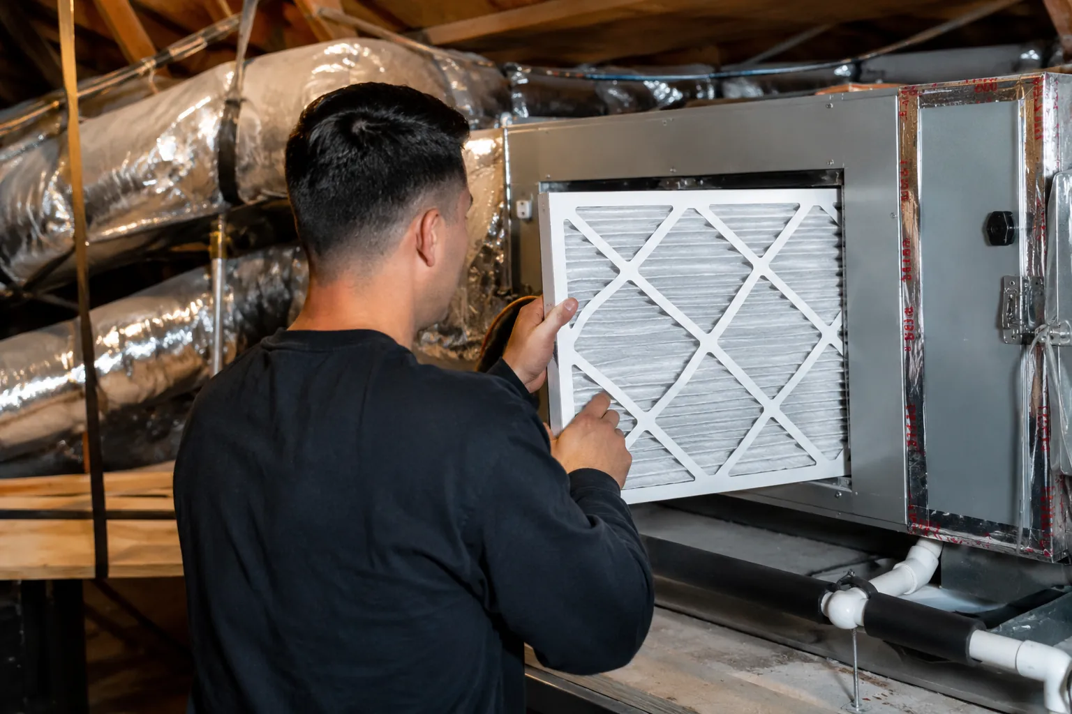 A professional technician performing an HVAC filter replacement and ventilation system check in a Los Angeles attic to ensure clean indoor air quality.
