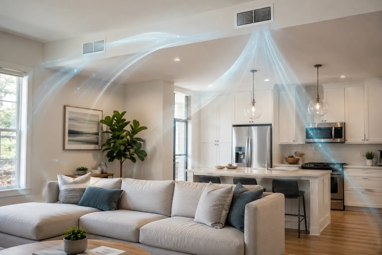 Visualization of a whole home air purification system circulating clean, filtered air through a modern Los Angeles open-concept living room and kitchen.