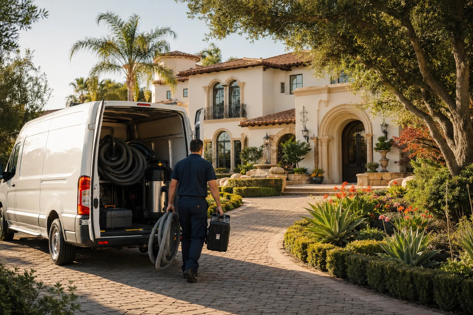 Professional HVAC technician arriving at a luxury Mediterranean home for air duct cleaning service in Calabasas, California.