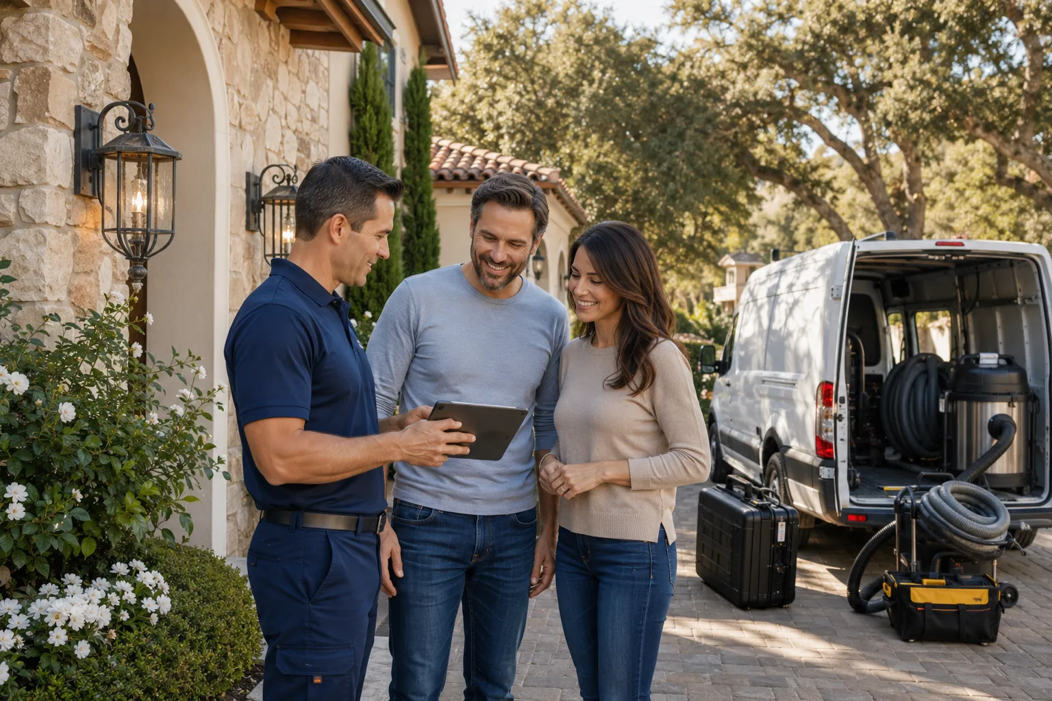Happy homeowners speaking with a certified HVAC technician after professional air duct cleaning service in Calabasas California.