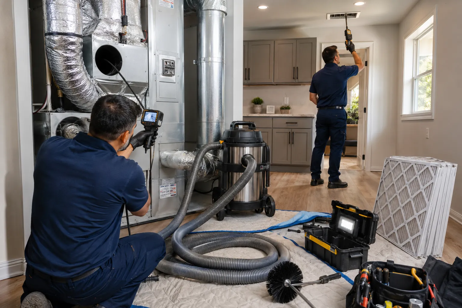 Professional HVAC technician inspecting and cleaning residential air ducts inside a Calabasas California luxury home.