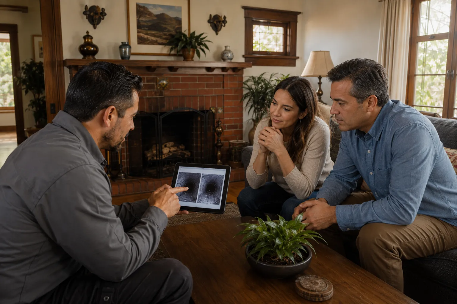 Homeowners reviewing chimney inspection findings with a certified technician in Glendale California.