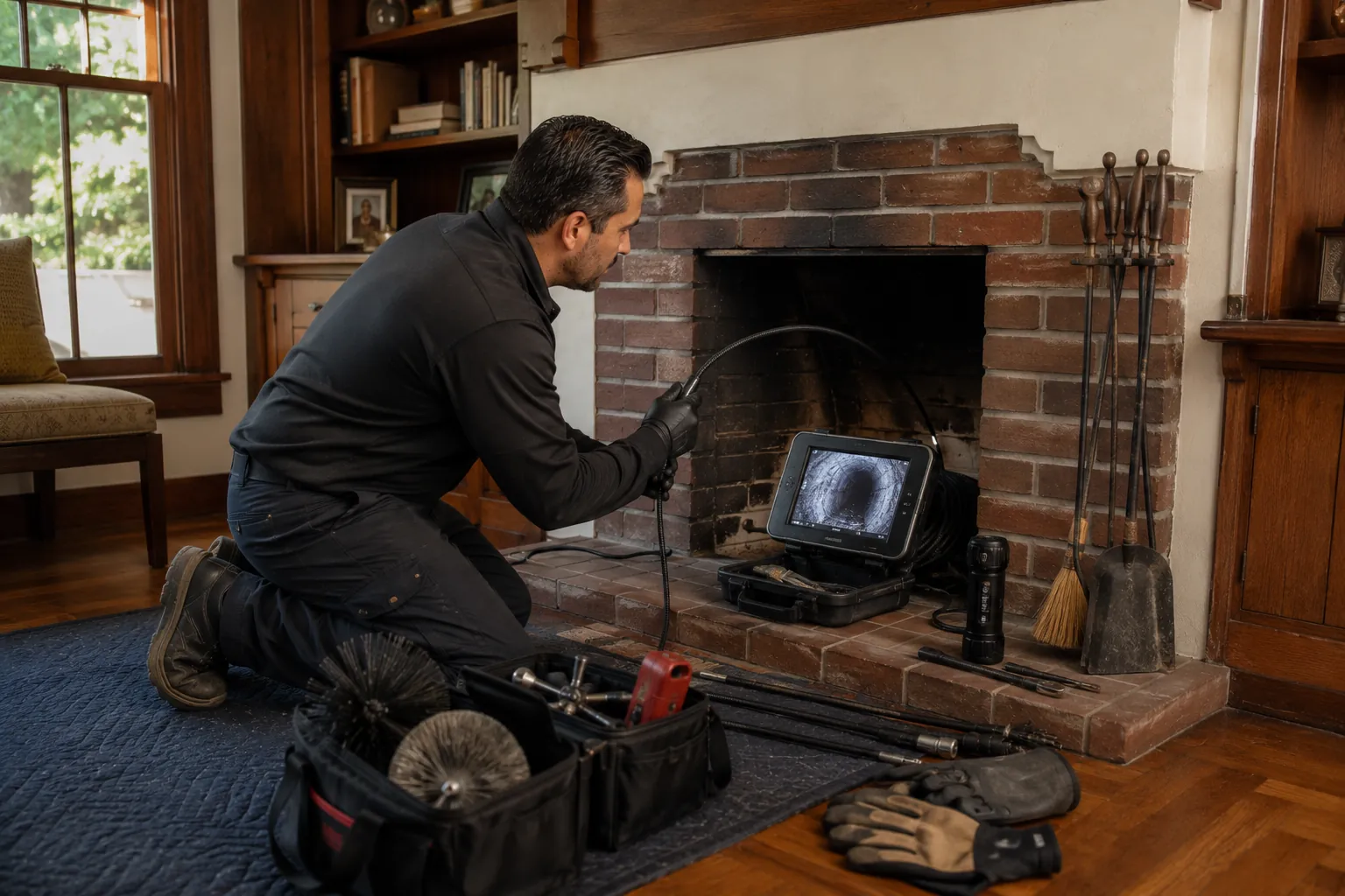 Technician inspecting the inside of a residential fireplace and chimney in Glendale California.