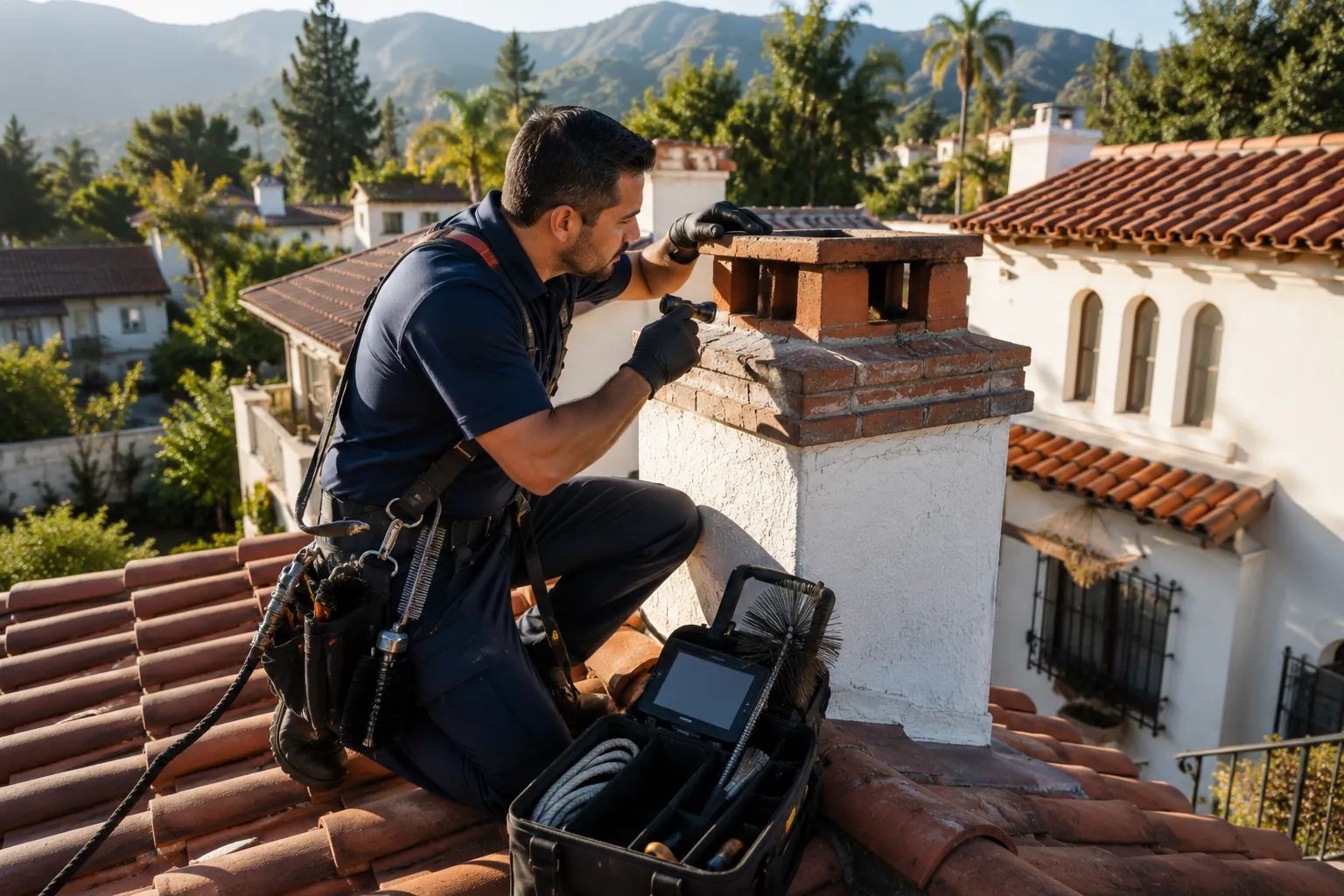 Certified chimney technician performing a rooftop chimney inspection on a Spanish Revival home in Glendale California.