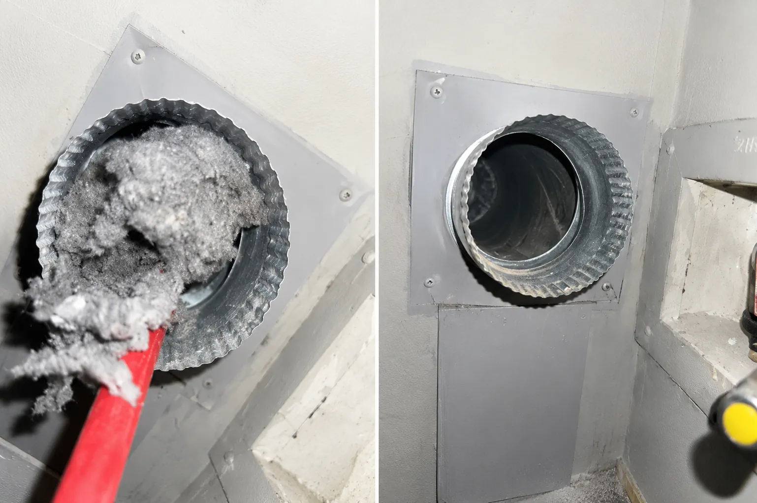 Before and after air duct cleaning showing heavy dust and lint buildup removed from an HVAC duct, revealing a clean metal duct interior.