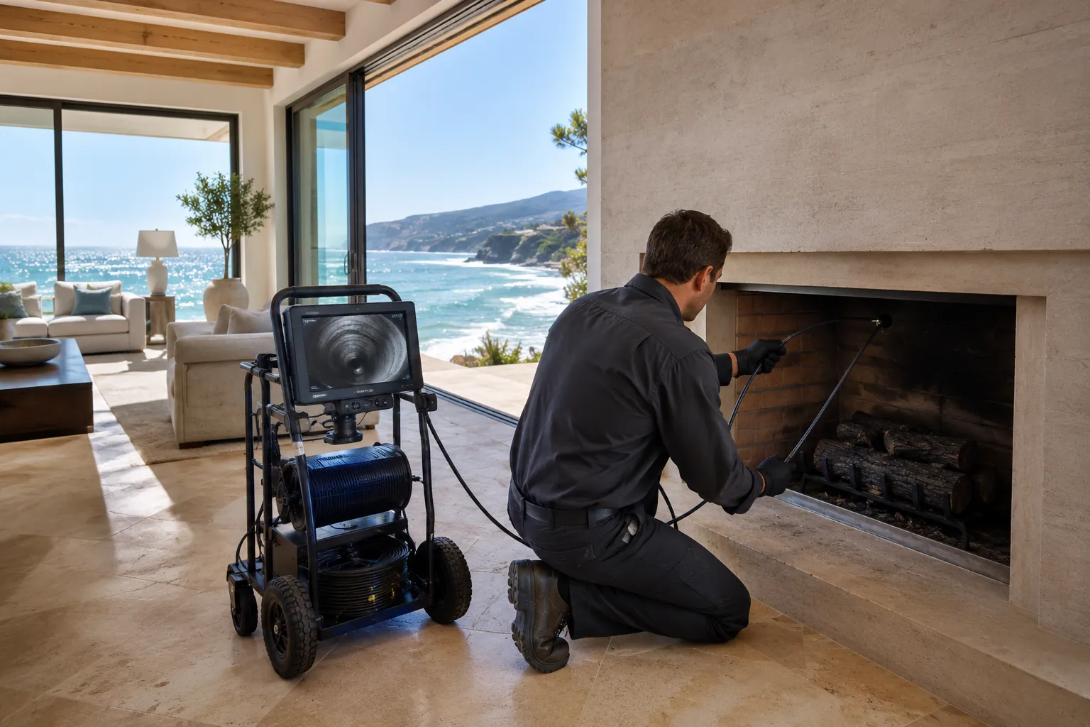 CSIA-certified chimney technician inspecting a luxury fireplace and chimney flue inside a Malibu California home.