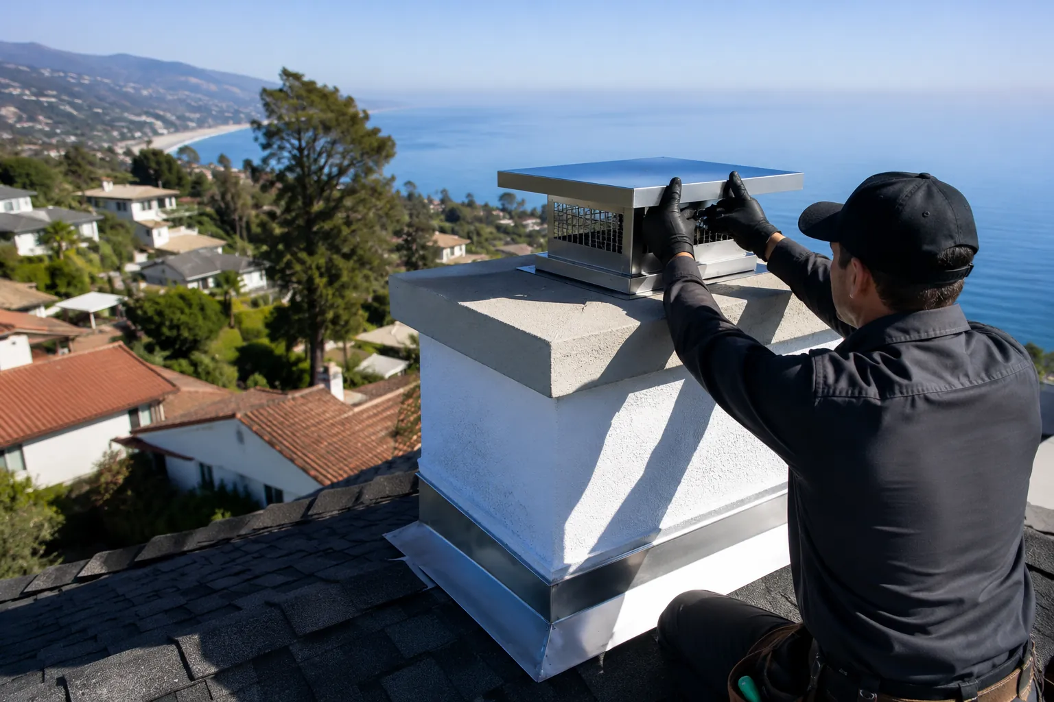 Certified SoCal Green technician providing chimney and air duct service at a luxury Malibu, California home.