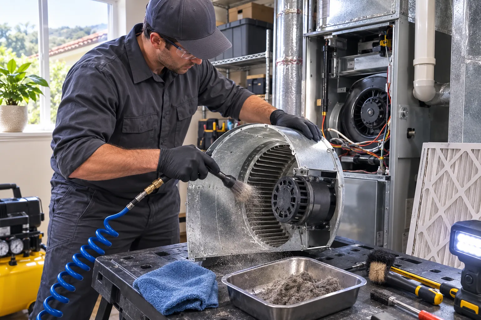 HVAC technician cleaning a residential furnace blower inside a Moorpark California home.