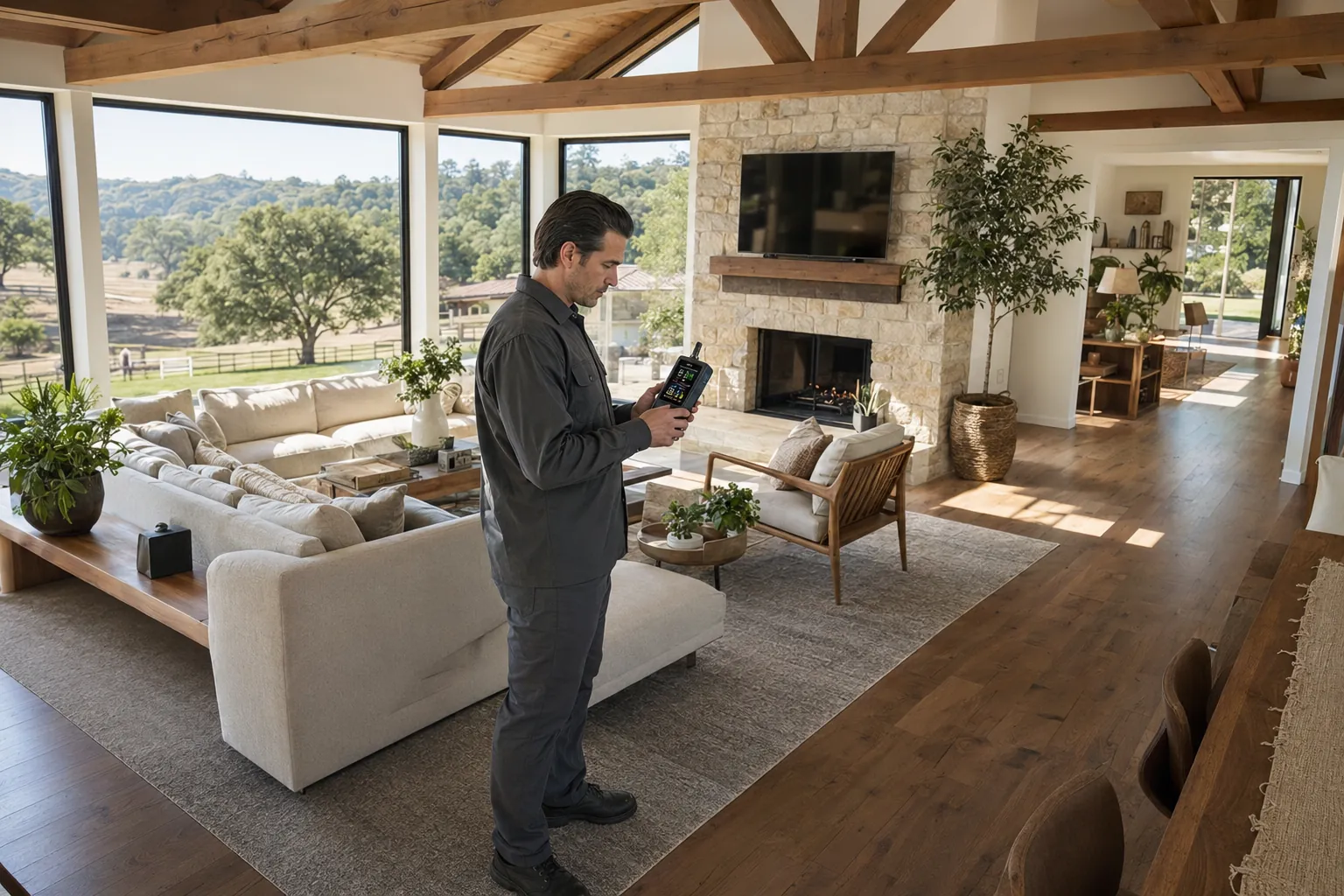 Professional indoor air quality testing inside a modern ranch home in Moorpark California.