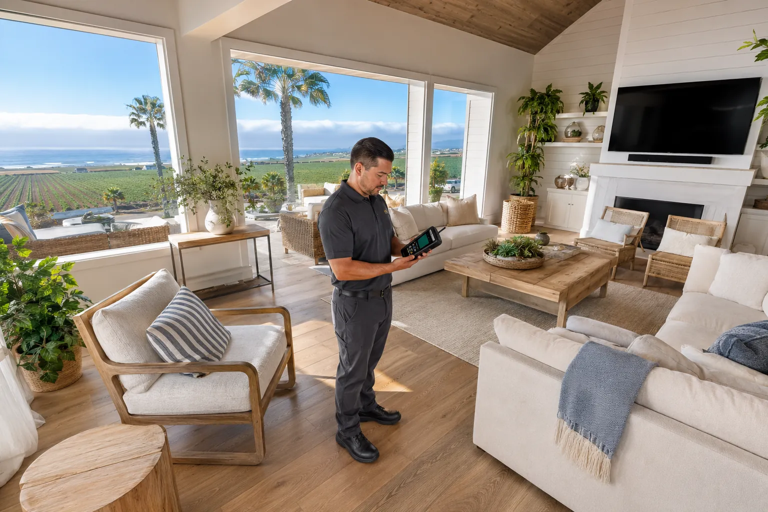 Indoor air quality specialist testing clean indoor air inside a modern coastal home in Oxnard, California.