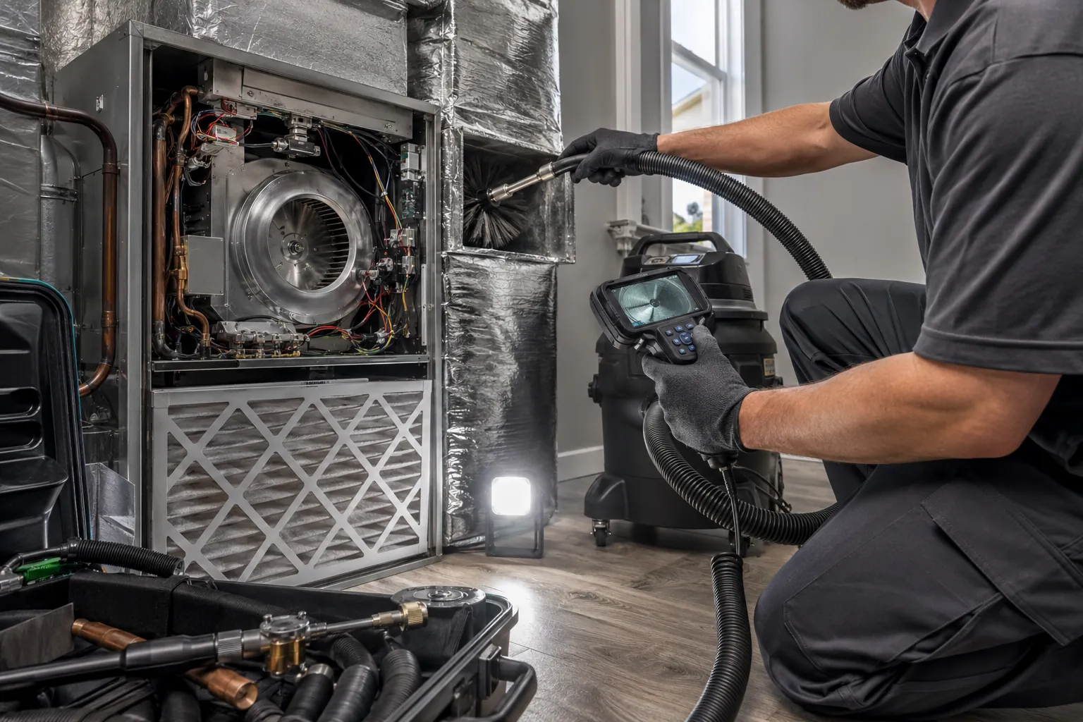 Licensed HVAC technician cleaning residential air ducts inside an Oxnard California coastal home.