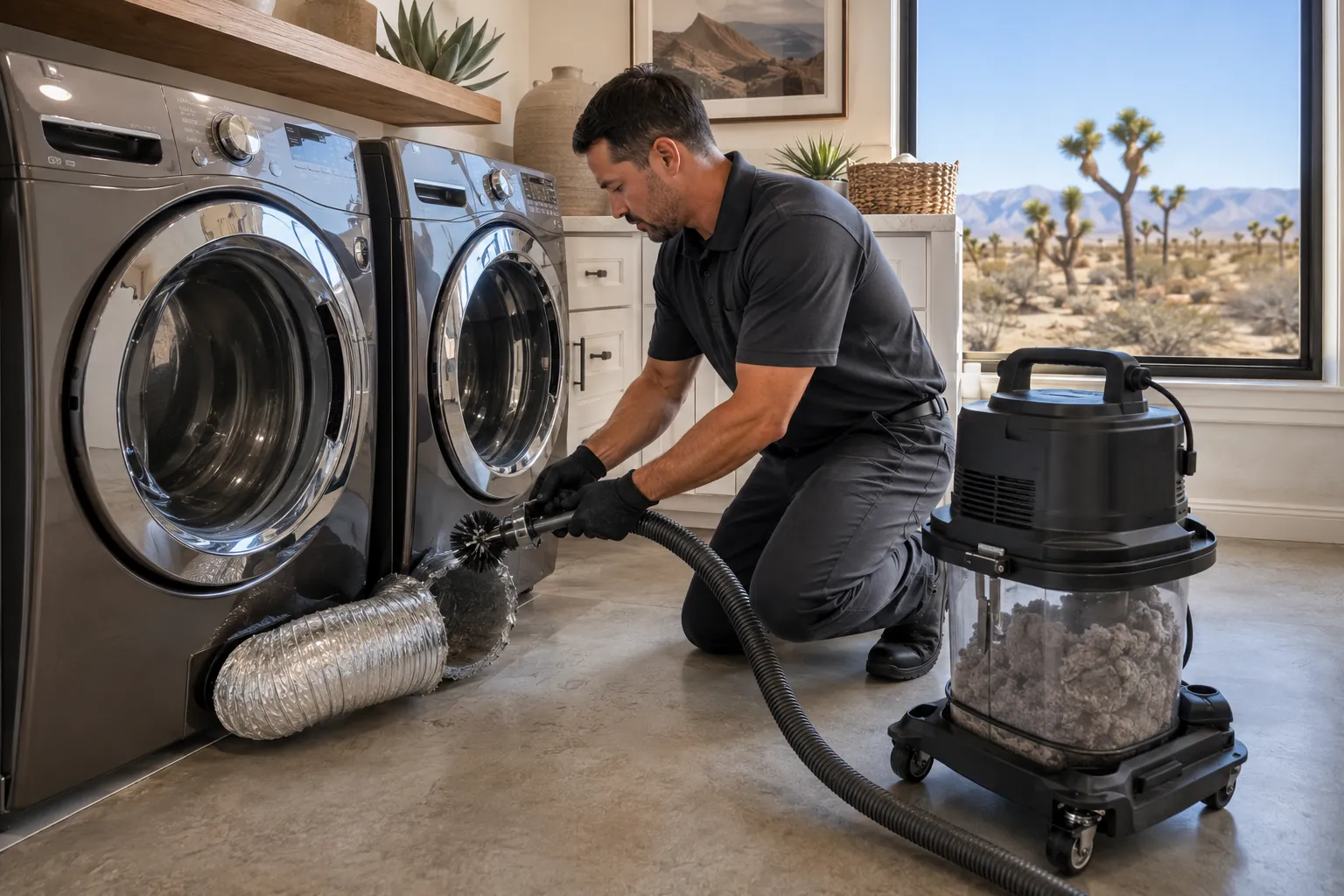 Professional dryer vent cleaning inside a modern Palmdale California home.