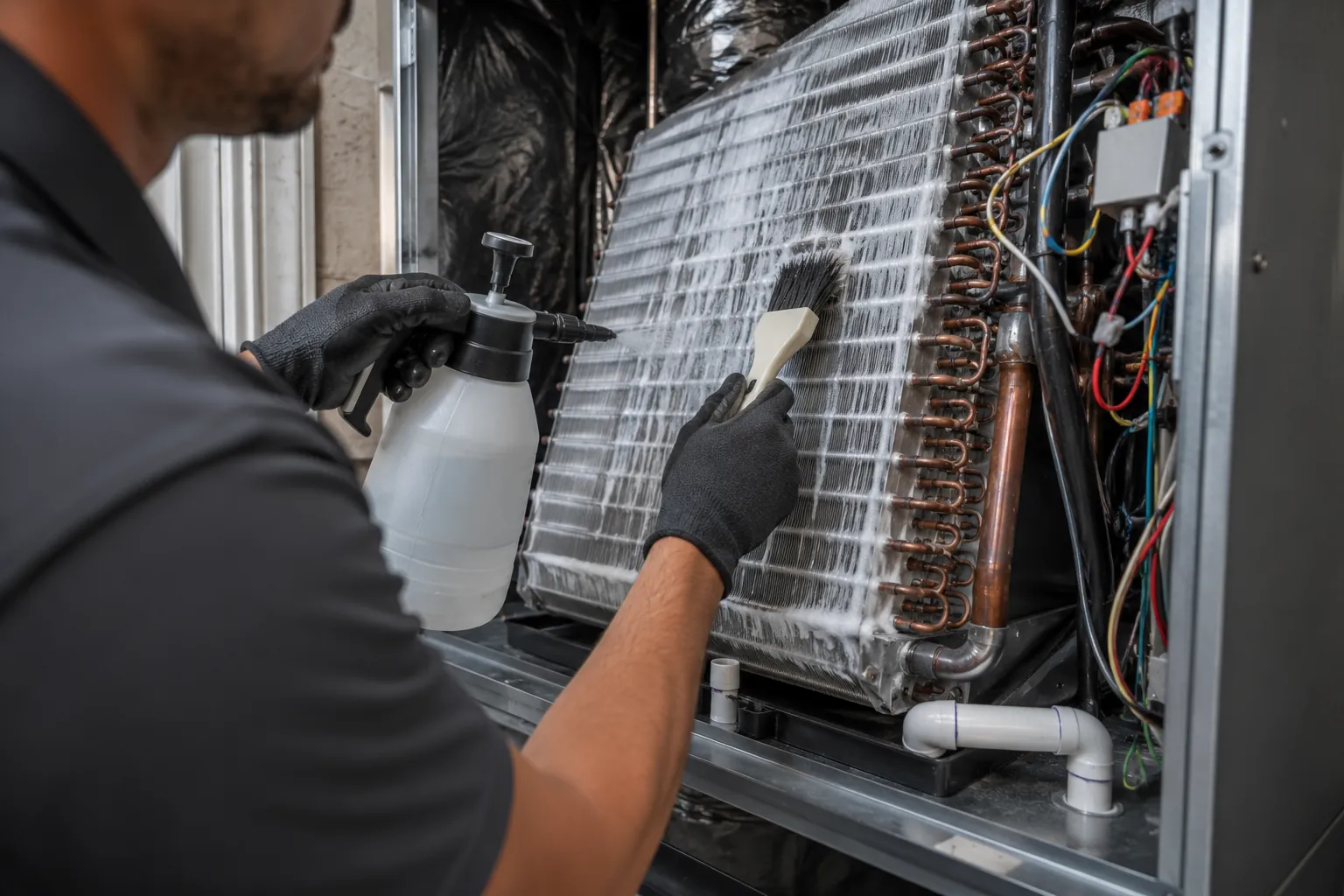Licensed HVAC technician cleaning an evaporator coil inside a residential HVAC system in Palmdale California.