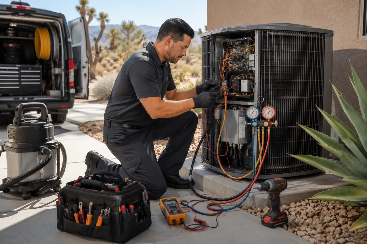 Licensed HVAC technician performing professional outdoor air conditioning maintenance and system inspection at a modern home in Palmdale, California.