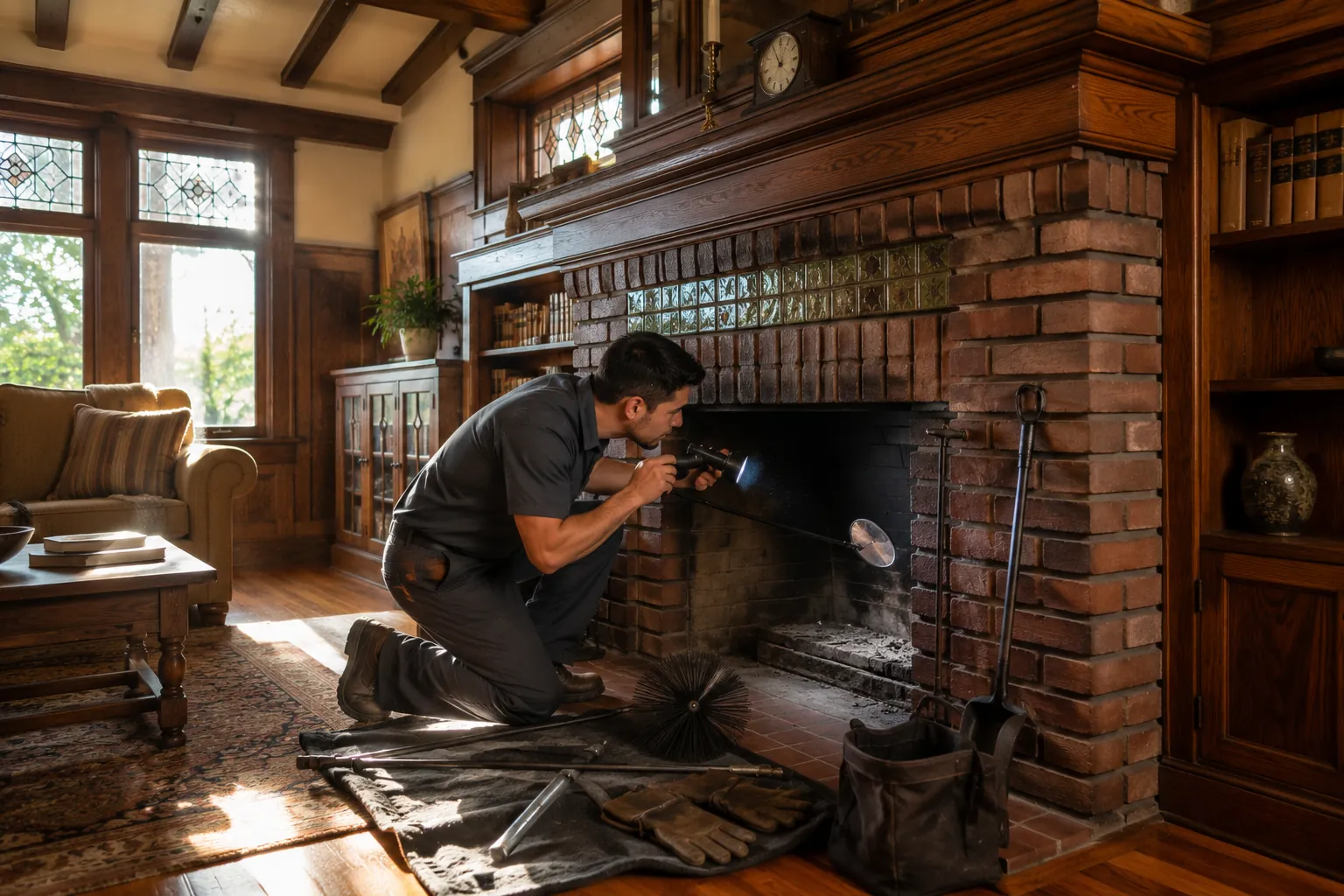 Professional chimney technician inspecting a historic Craftsman fireplace in Pasadena California.