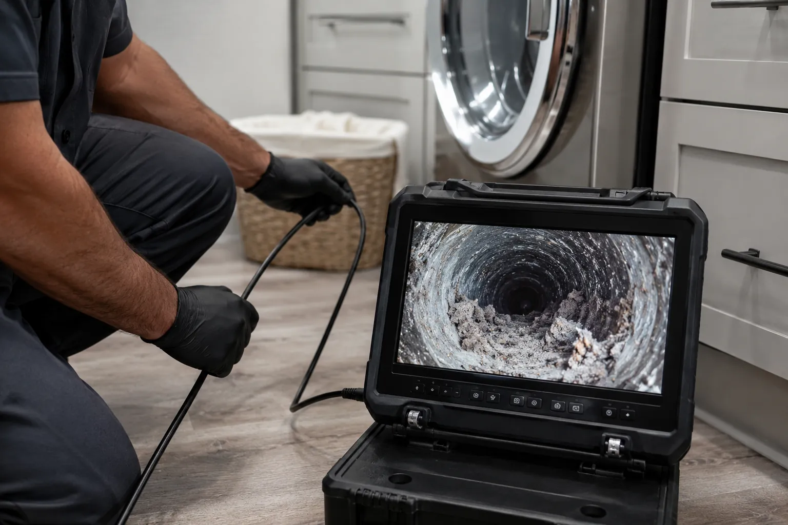 Technician inspecting a residential dryer vent with a digital inspection camera in San Fernando Valley California.