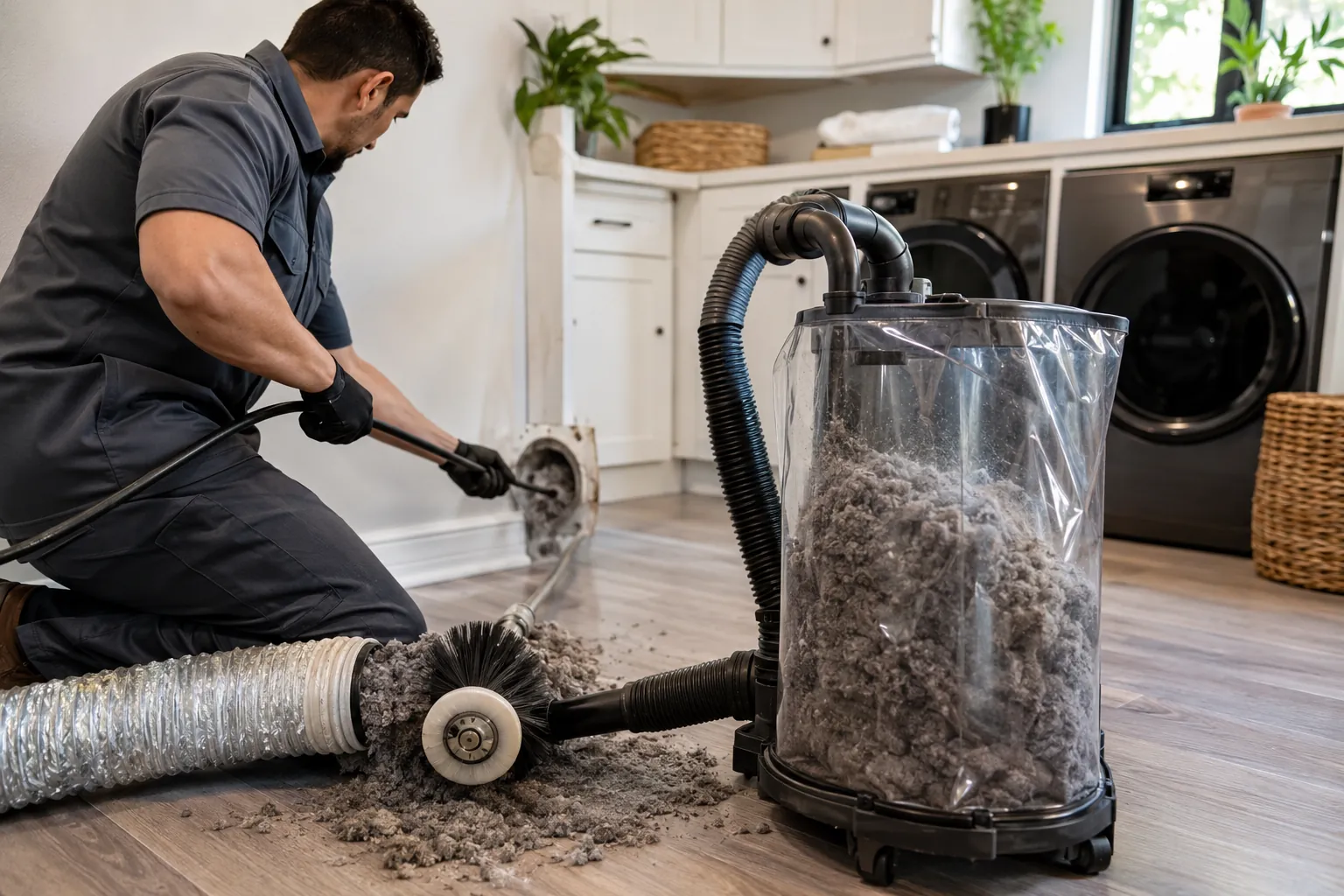 Professional technician cleaning a residential dryer vent in San Fernando Valley California.