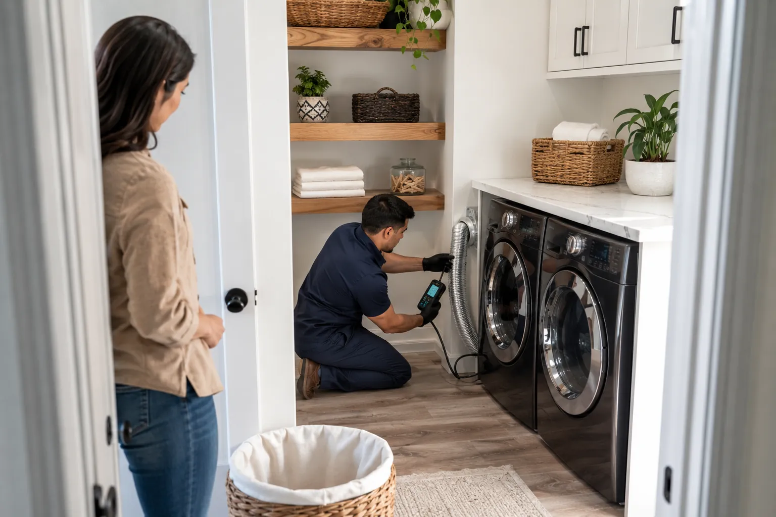 Homeowner observing professional dryer vent maintenance for improved home safety in San Fernando Valley California.