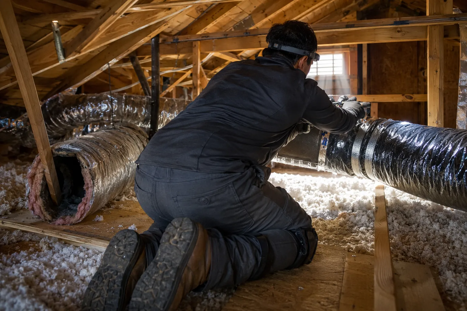 HVAC technician replacing residential air ducts inside an attic in Santa Clarita California.