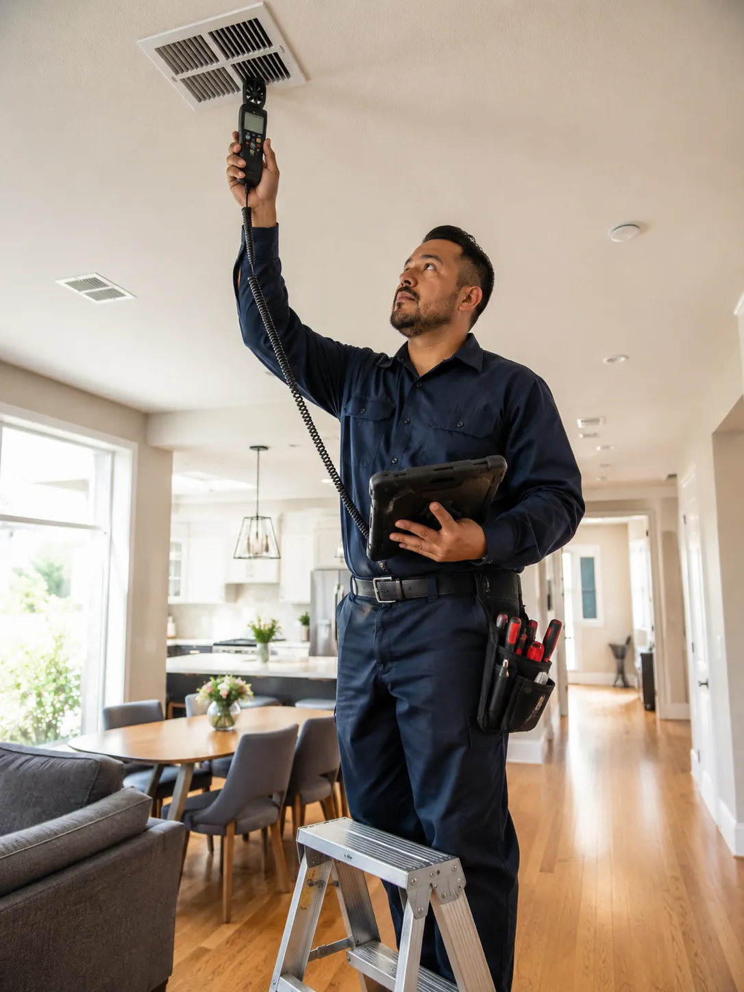 Professional HVAC technician measuring airflow from a ceiling vent inside a Santa Clarita California home.