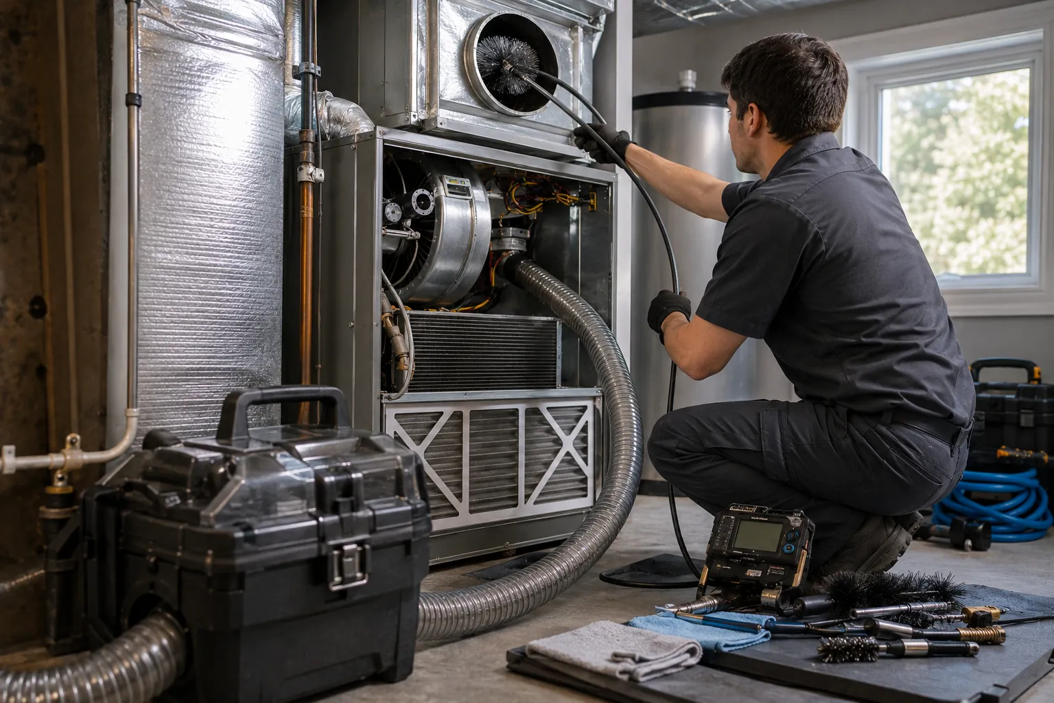 Licensed HVAC technician professionally cleaning residential air ducts inside a Simi Valley California home.