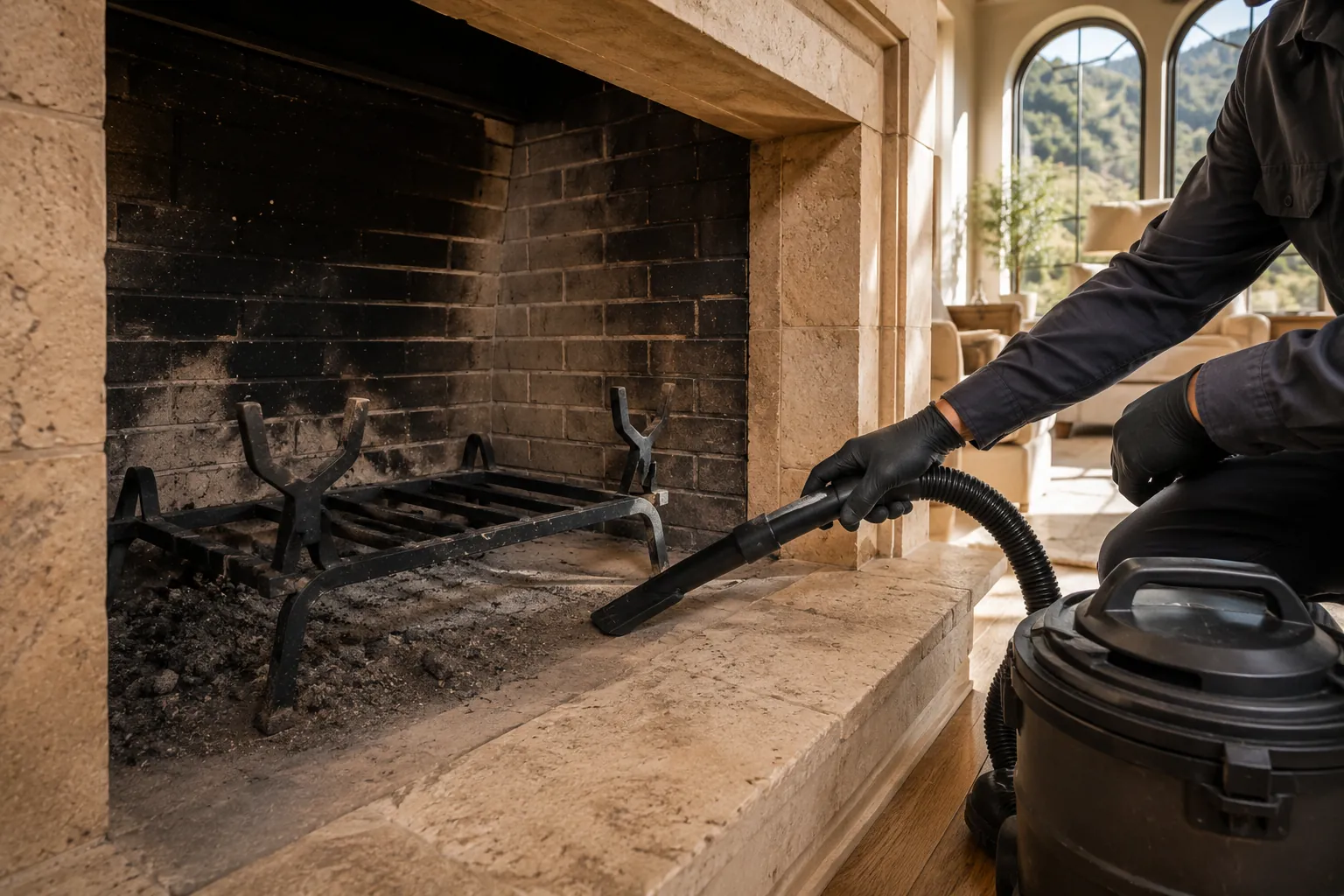 Professional chimney sweeping removing soot and creosote from a residential fireplace in Thousand Oaks California.