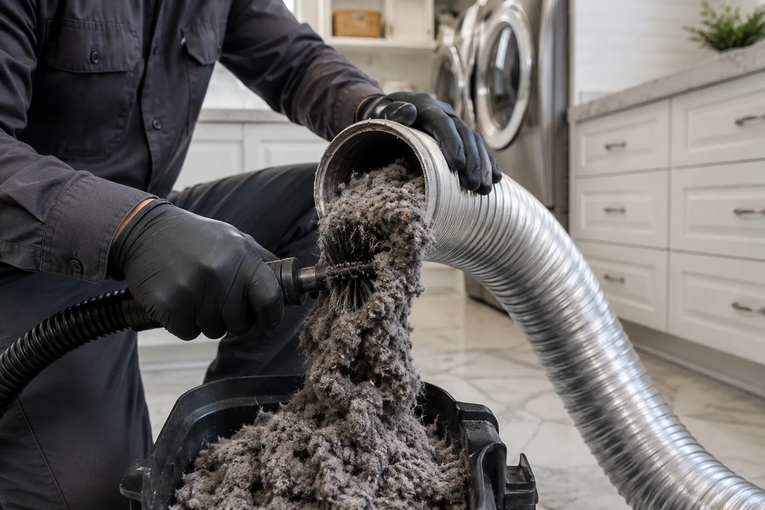 Licensed technician removing dangerous lint buildup from a residential dryer vent in Thousand Oaks California.