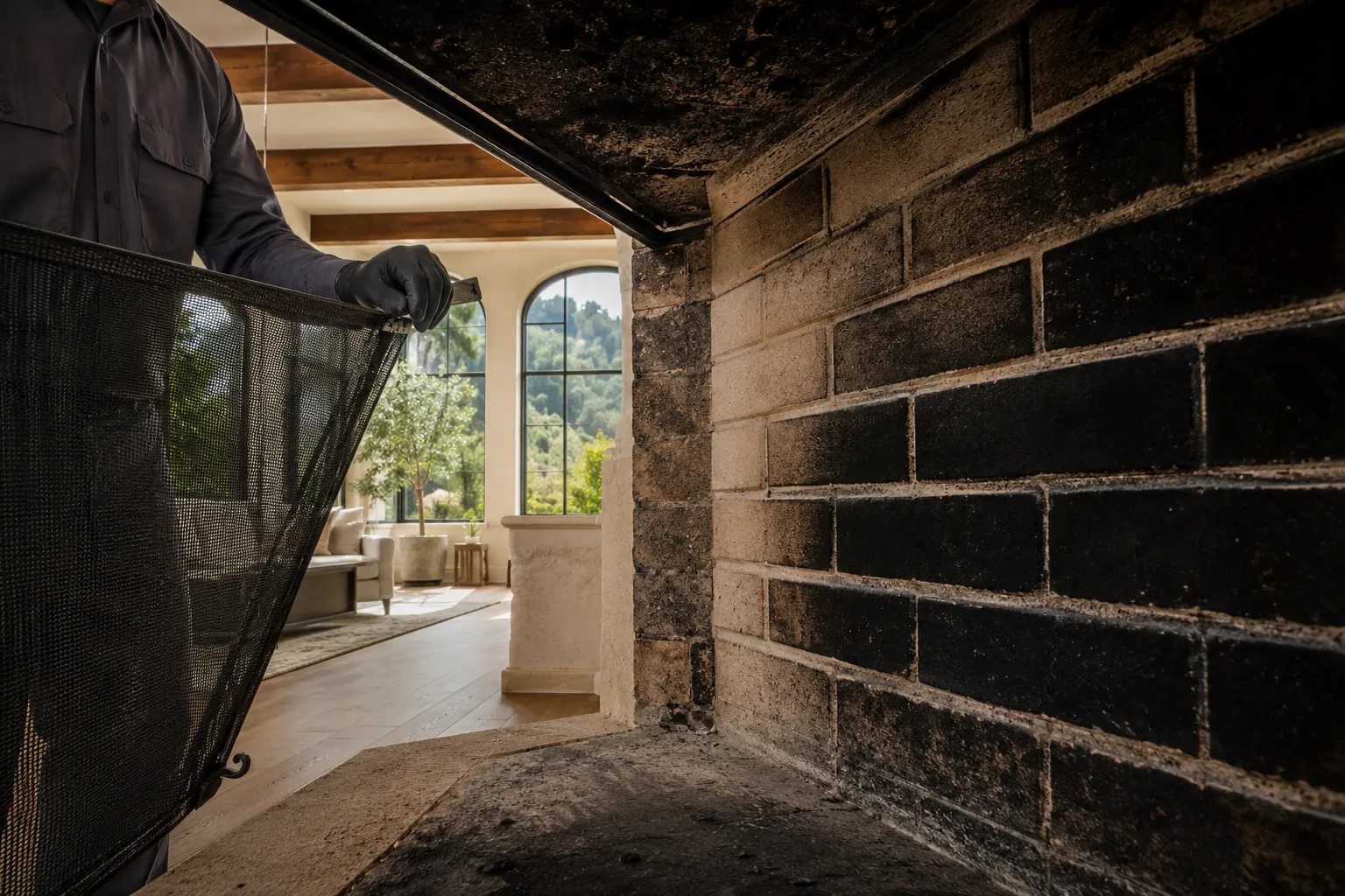 Professional chimney technician inspecting a residential fireplace in Thousand Oaks California.